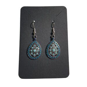 Boho Teardrop Dangle Earrings Blue Silver Tone Metal Hook Elegant Design Gift